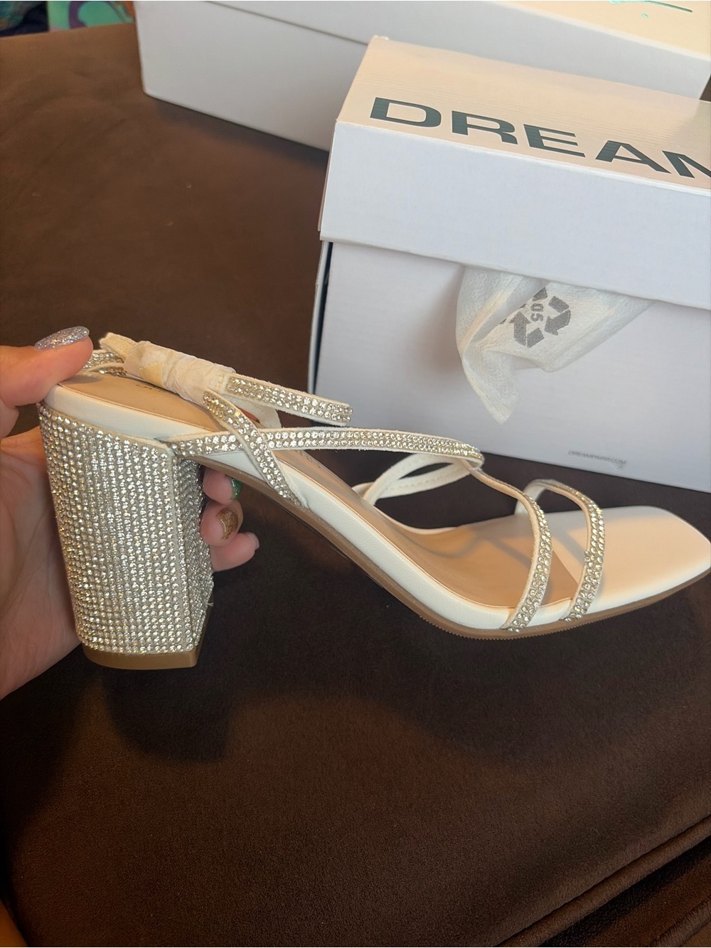 Dreamers Ivory Crystal-Strap Block Heel Sandals